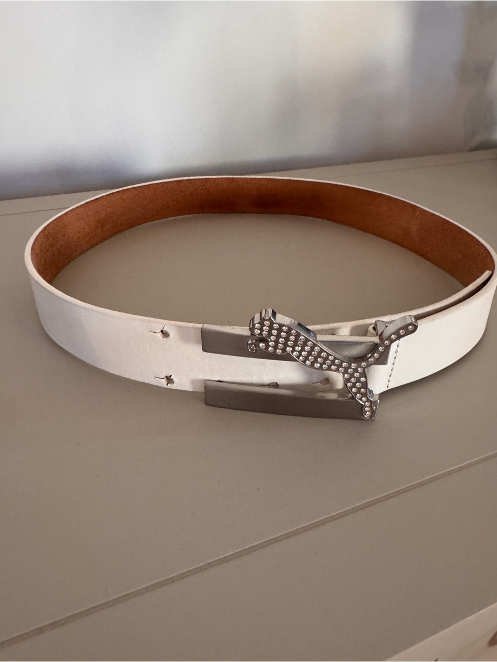 Puma White Leather Belt with Crystal Puma Buckle